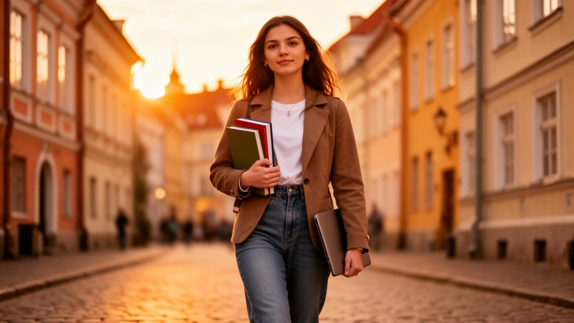 Vilnius'ta yürüyen bir Türk üniversite öğrencisi
